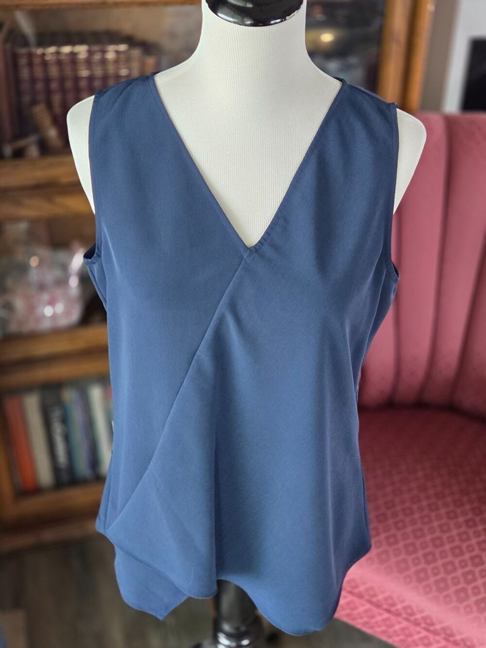 H by Halston Navy Blue Crepe Faux Wrap Tank Top Size M Sleeveless V-Neck Blouse